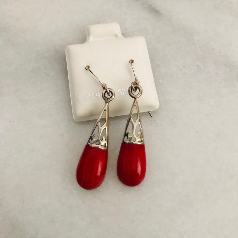 Silver red coral earrings